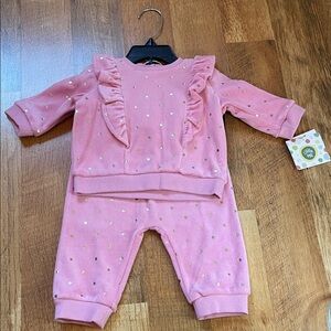 Little Me Brand 💖🩷 Pink Terry Cloth Gold Polka Dot Ruffled Top/Bottom Baby 6M